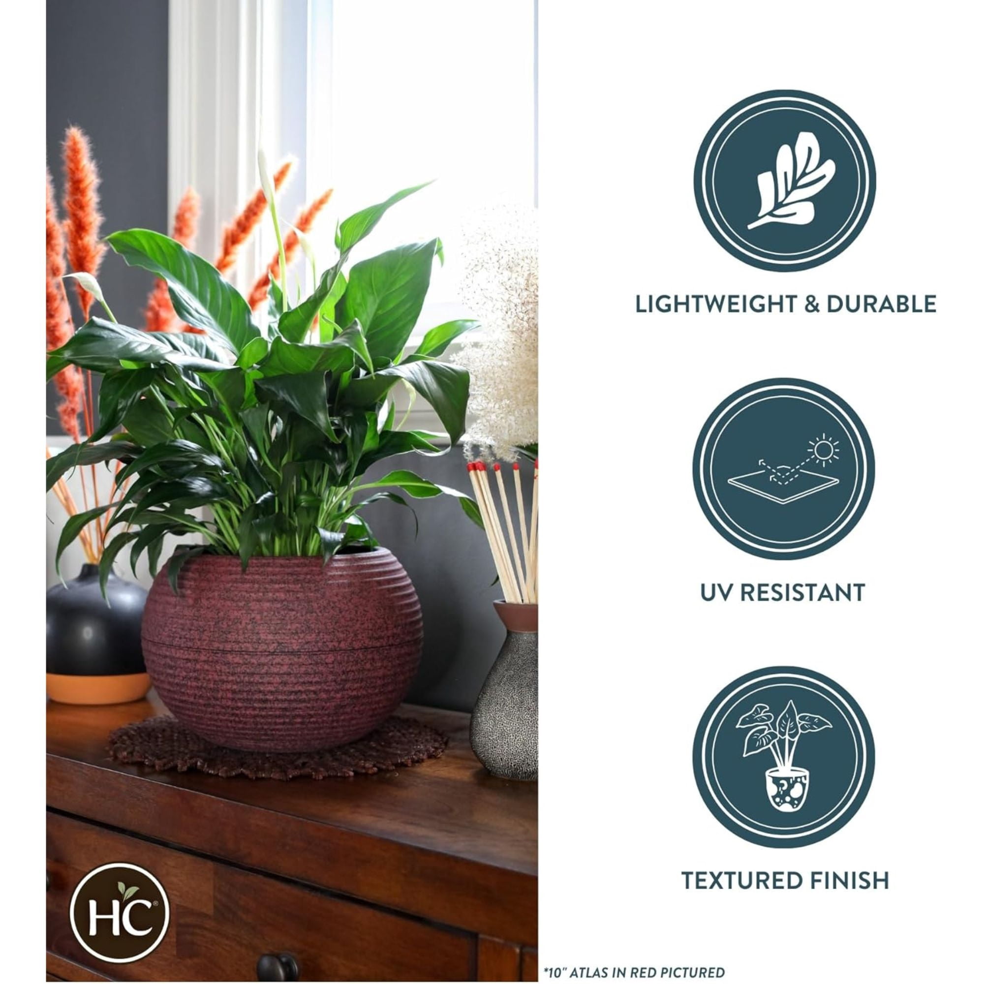 The HC Companies 8 Inch Atlas Sphere Planter, Round Plastic Planter Pot, Red