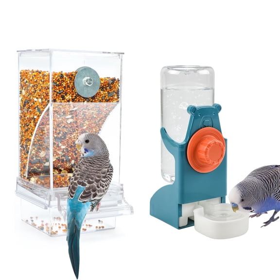 No Mess Bird Feeder Water Dispenser Set, Automatic Parrot Feeder Cage Accessories, Blue & Clear Parakeet Seed Container Food Drinker for Cage, Cockatiel Finch Lovebirds Budgies Canary