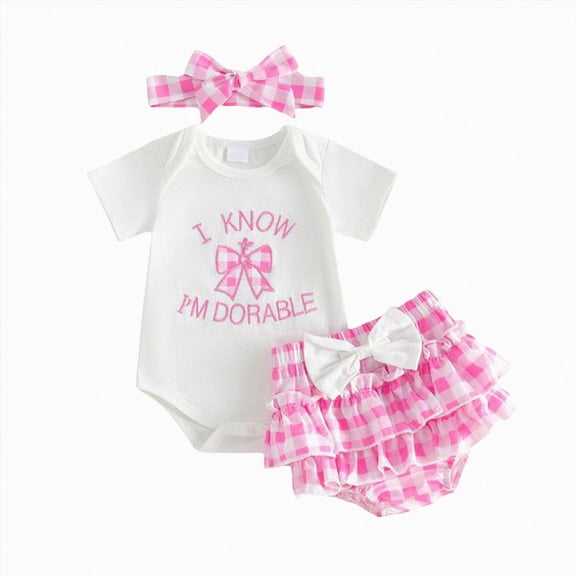 Linfrsh Newborn Infant Baby Girl Clothes Romper Shorts Set Suspender Summer Outfits Cute Baby Clothes Girl(Pink,0-3 Months)