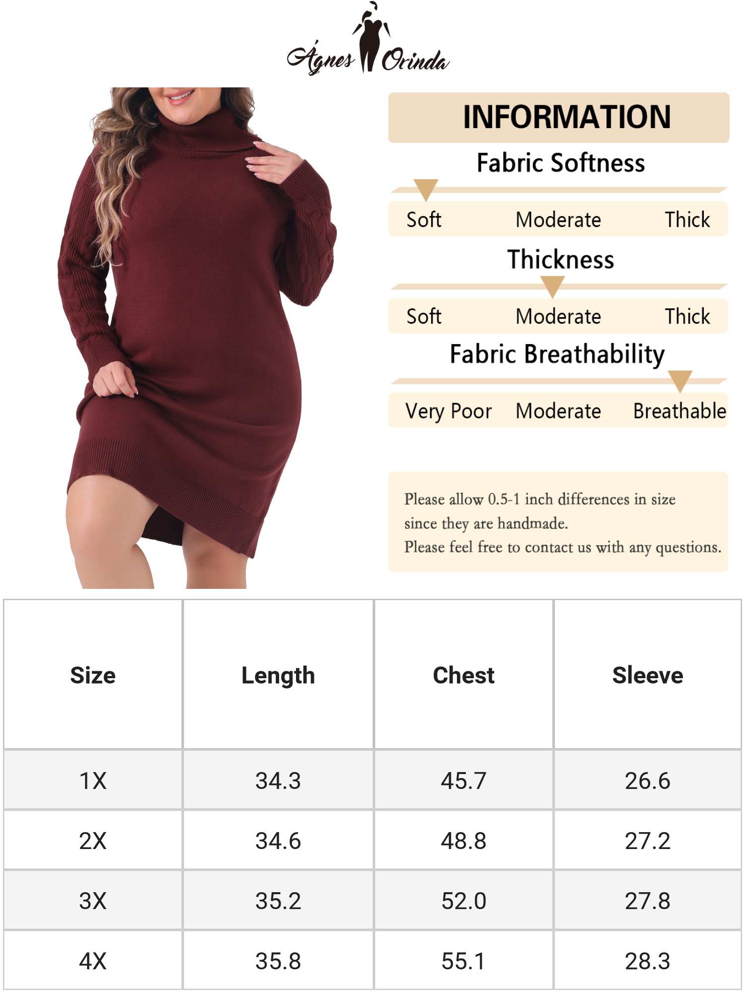 DARING DIVA Plus Size Long Sleeve Turtleneck Warm Pullover Mini Dress 3X Burgundy