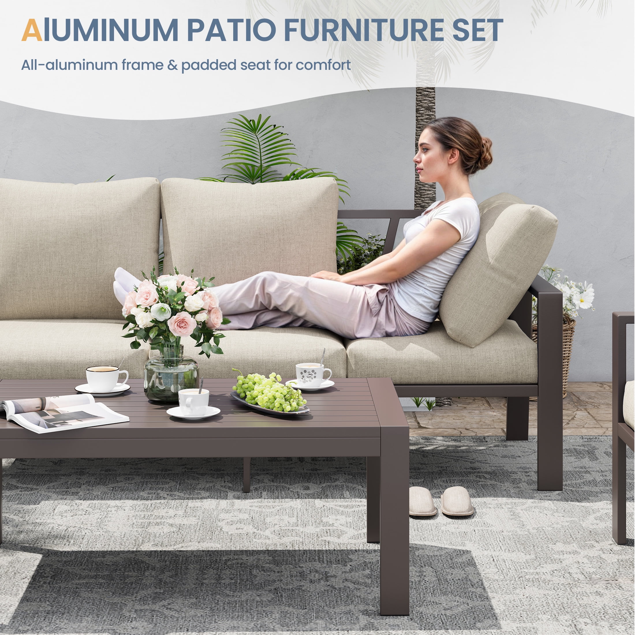 POTEBAN Aluminum Patio Furniture Set, Modern Metal Outdoor Sectional Sofa, Patio Conversation Sets with Side Table for Poolside, courtyard,Khaki