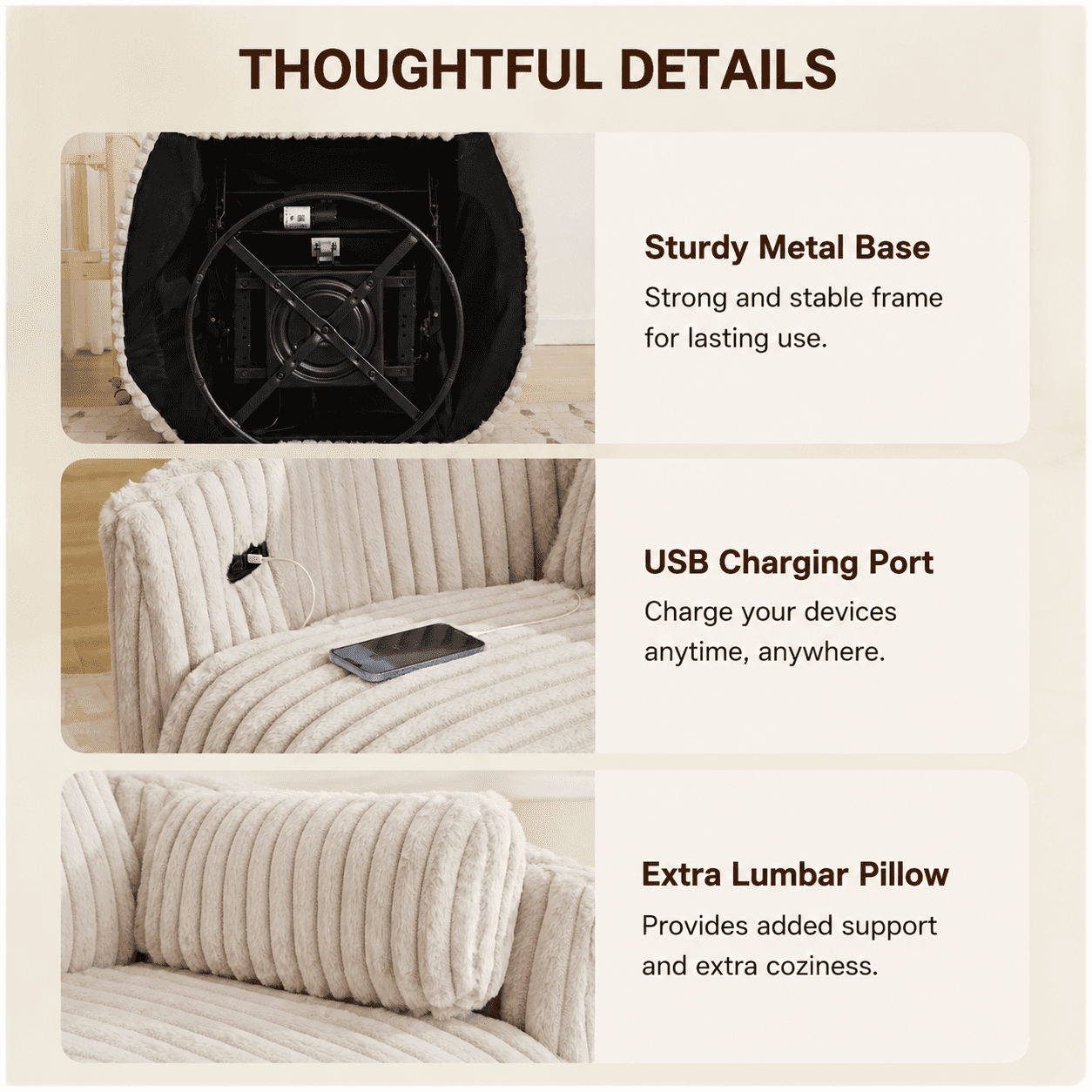 Power Swivel Glider Recliner Chair with 2 Pillows,USB & Type-C Ports,Plush Corduroy Upholstery Rocking Nursery Reclining Chair for Living Room Faux Fur Ivory