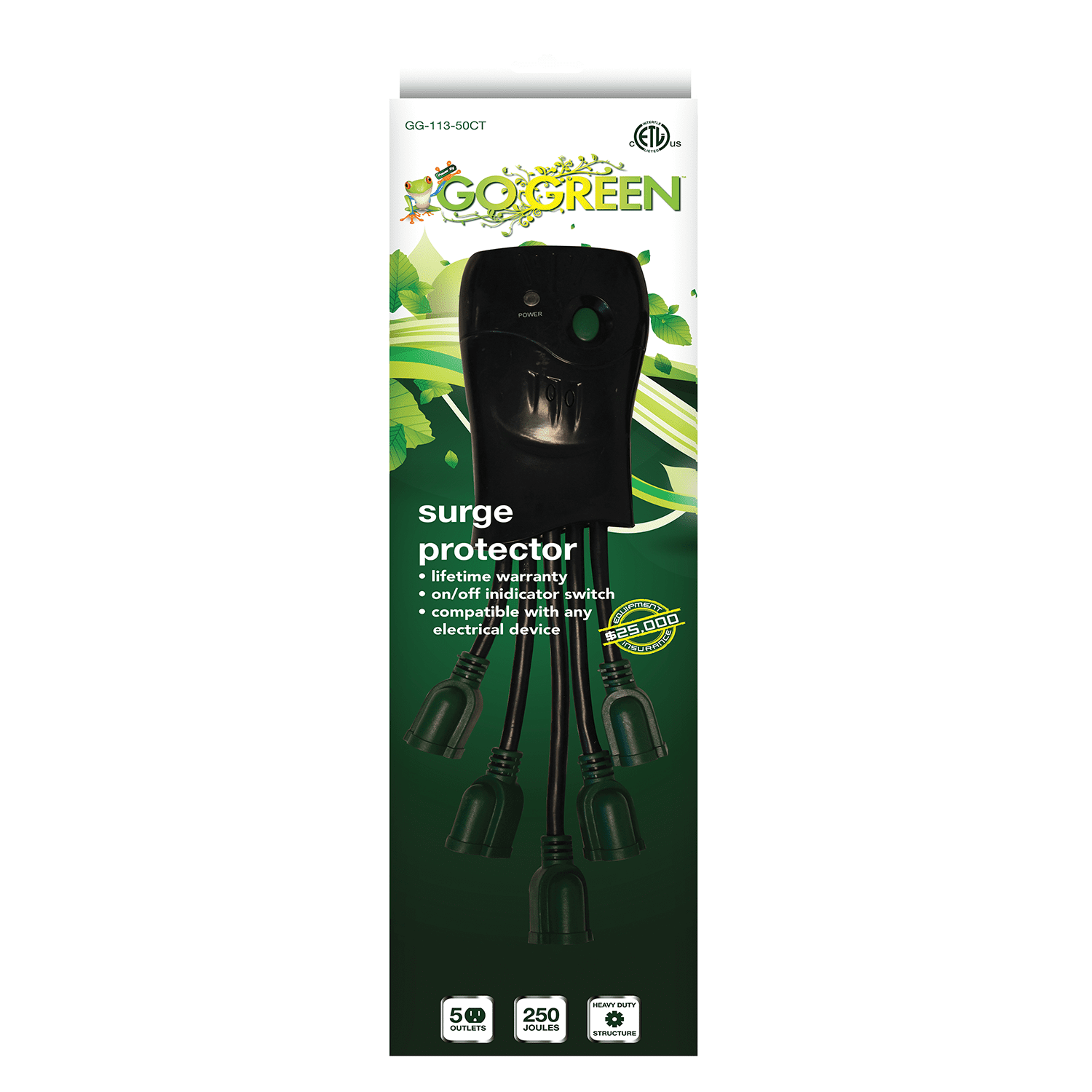 GoGreen Power 5 Outlet Squid Surge Protector, GG-5OCT 3' cord, Black