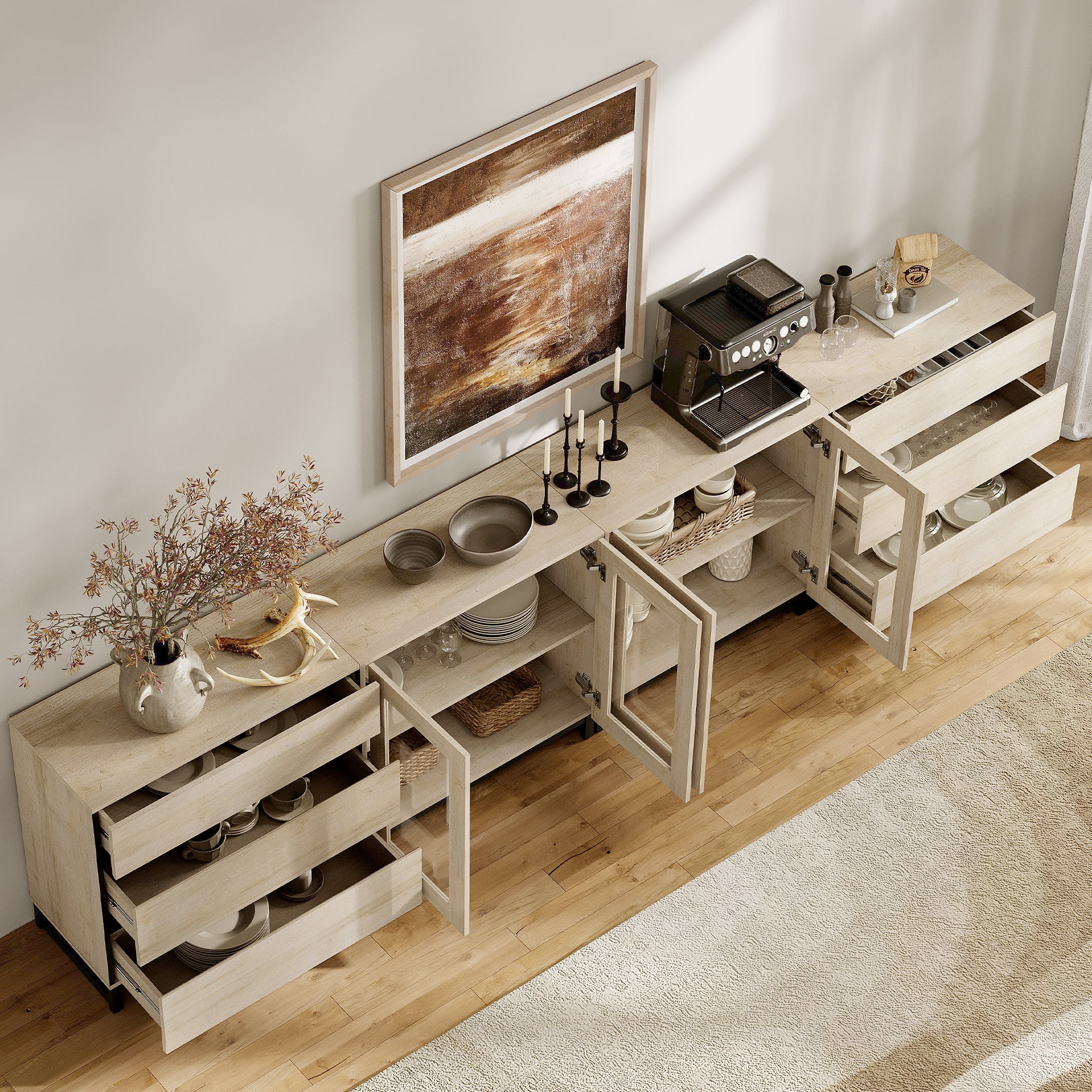 Modern 4-in-1 Sideboard Buffet Cabinet, Storage Credenza with 6 Drawers, Adjustable Shelf and Tempered Glass Doors, Metal Base Coffee Bar Cabinet for Home Decor,Beige