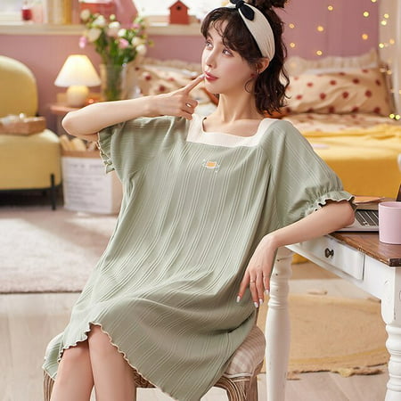 

PIKADINGNIS Summer Short Sleeve Cotton Nightgowns for Women Korean Fashion Short Loose NightDress Sleepwear Nightdress Homewear Dress