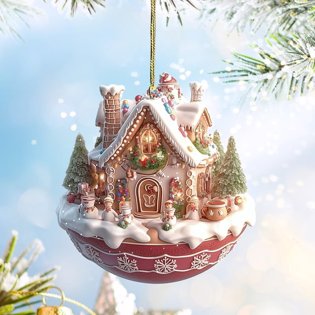 Acrylic Christmas Hanging Ornament with Winter Cabin Scene for Tree and Home Decoration