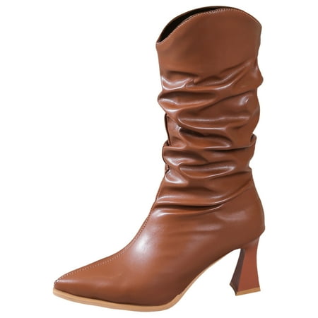 GHSOHS Cowboy Boots for Women Shoes for Women Dressy Women s Mid Calf Boots Soft Leather Pleated Stacked Boots Wineglass Heel Pointed Toe Western Cowgirl Boots Riding Boots Shoes Winter Boots Size 37