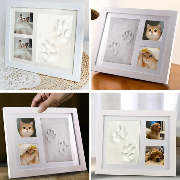 Pet Paw Print Photo Frame with Clay Memorial Kit - Premium Wooden Paw Print Frame for Dogs & Cats, DIY No-Mess Clay Keepsake, Personalized Gift for Pet Lovers (White)