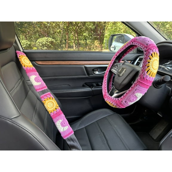 pink crochet car wheel cover and belt cover, sun and moon pattern steering wheel cover