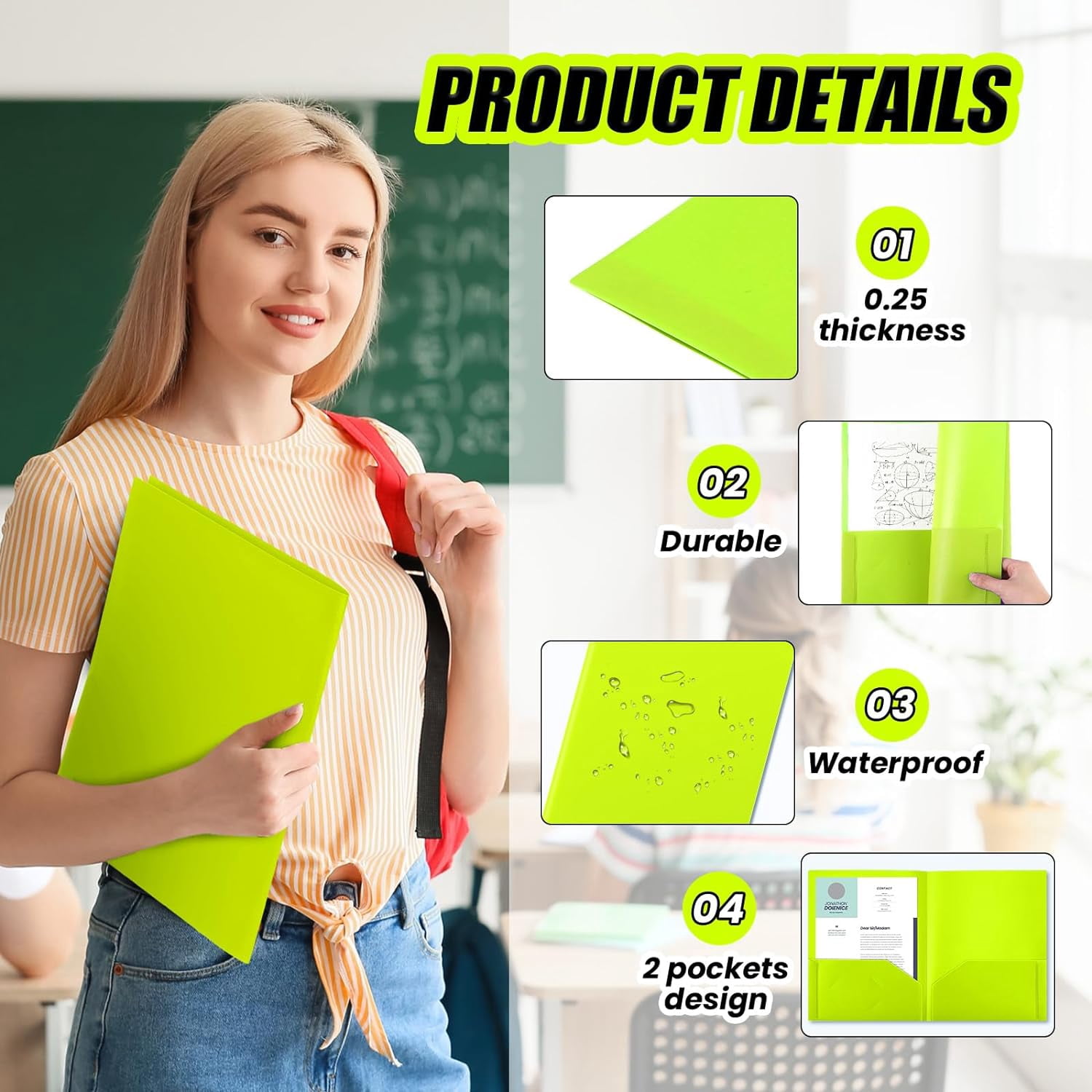 Heavy Duty Two Pocket Plastic Folders with Pockets, Letter Size School Office Folders, 11.61 x 9.45 Inches, Business Card Holder, Blue, 50 Pack