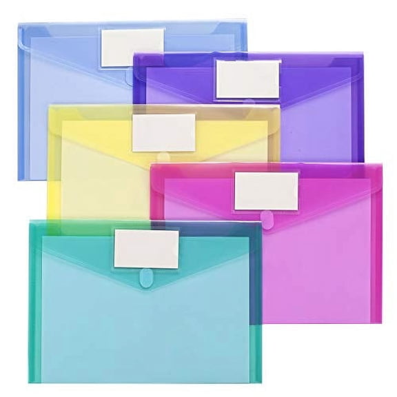 10 Pack Plastic Envelopes Poly Envelopes, Sooez Clear Document Folders Plastic File Folders US Letter A4 Size File Envelopes with Label Pocket, Assorted Color
