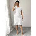 thumbnail image 5 of White Floral Embroidered Puff Sleeve Ruffle Hem Midi Sheath Dress, 5 of 30