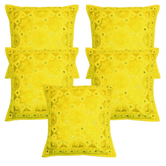 Stylo Culture Indian Decorative Throw Pillow Covers 16x16 Hand Embroidered Yellow Bohemian 40x40 cm Home Decor Cotton Mirrored Square Cushion Covers | Set Of 5