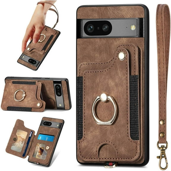 for Pixel 7a Case,Card Holder Wallet for Google Pixel 7a Case,Ring Holder Stand,RFID-Blocking,Wrist Strap,Camera Protector,Leather Protective Magnetic Flip Cover for Pixel 7A 2023 (Brown)