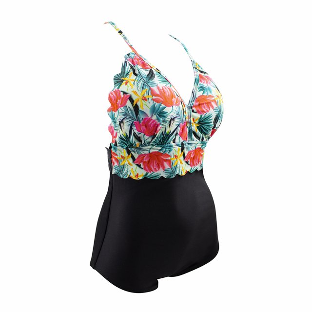 Traje de baño para dama Gota de Rocio Modelo 185, Traje de baño completo, Negro con flores