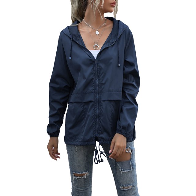 Women's Casual Hooded Jacket Lightweight Waterproof Rain Windbreaker Solid Color Zipper Drawstring Raincoat