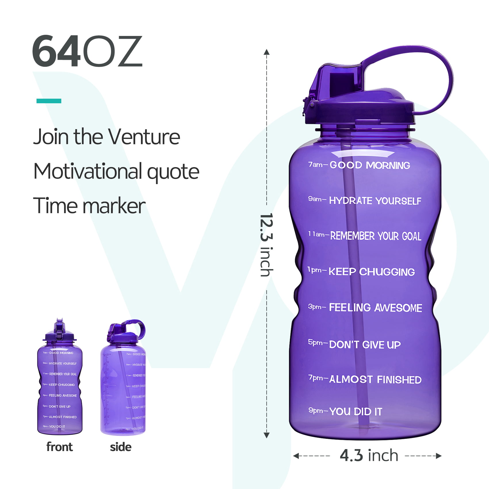 Venture Pal 64 oz Motivational Water Bottle with Storage Sleeve and Ad