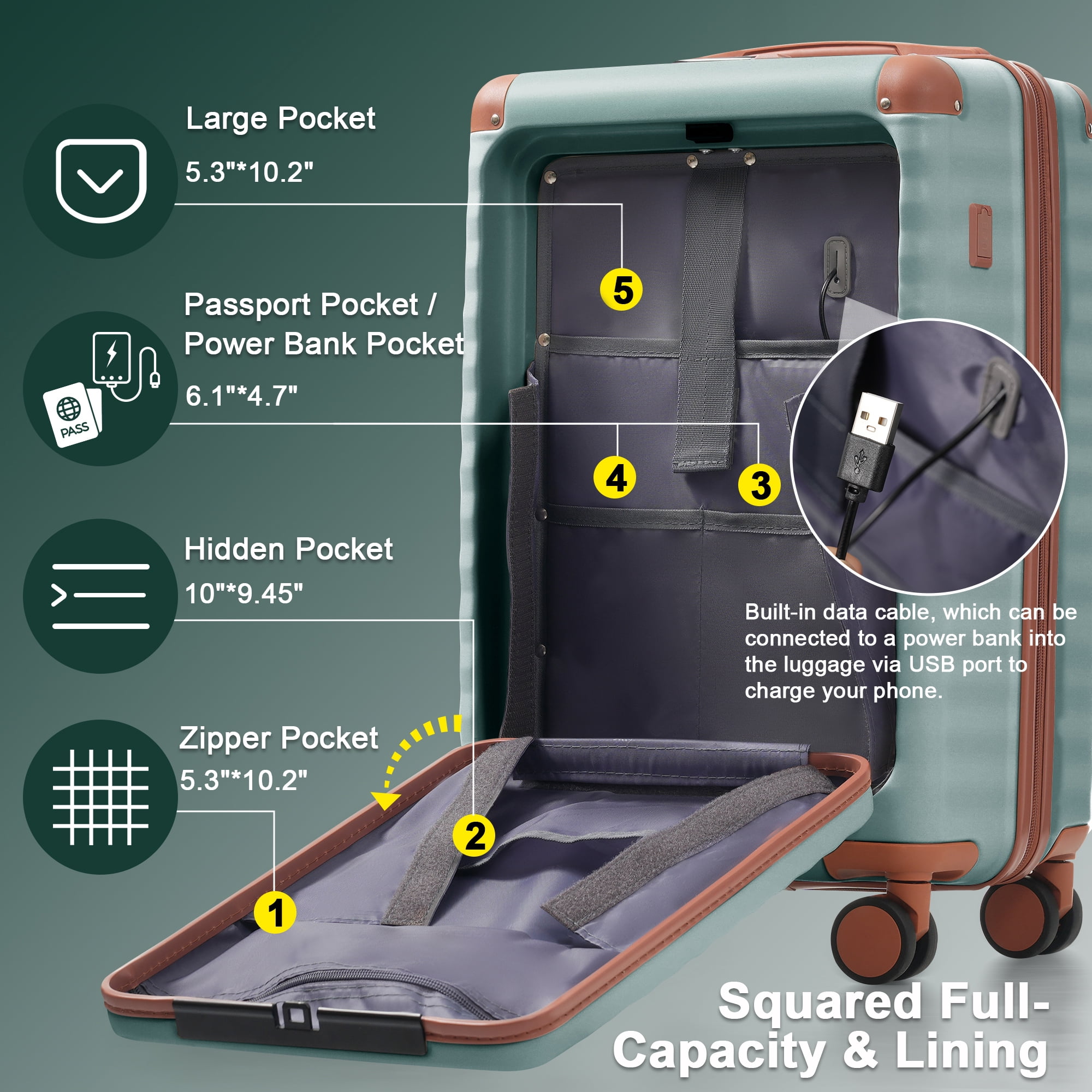 Euroco 5 Piece Luggage Sets Front Opening,Expandable Hardshell Suitcase with Spinner Wheels,2 Bags and TSA Lock,Lightweight Carry on Luggage with USB Port and Cup Holder(20"/24"/28"),Antique Blue