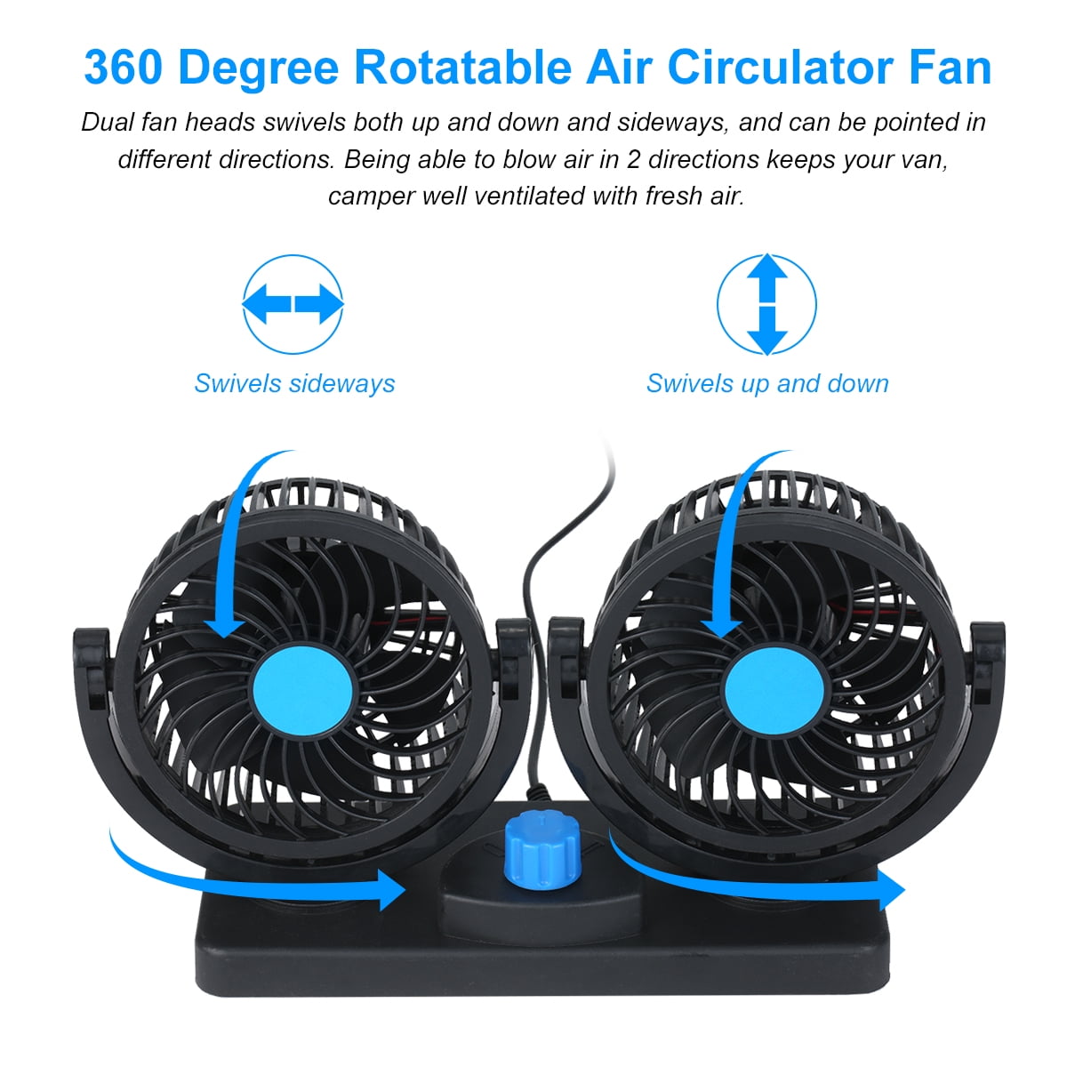 NFTIGB 12V Dual-Head USB Car Fan with 360 Degree Rotation, 2 Speed Powerful Air Circulator Dashboard Cooling Fan for Truck Sedan Van Office Home Desktop 10.6 Inches / 27 cm