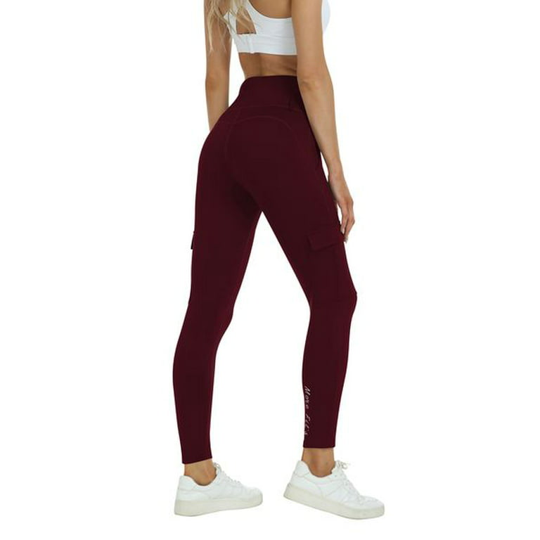 Mofiz Womens Fleece Lined Hiking Legging Water Resistant High Waisted  Thermal Athletic Running Outdoor Pants Pockets,Color Wine red,Size S-XL
