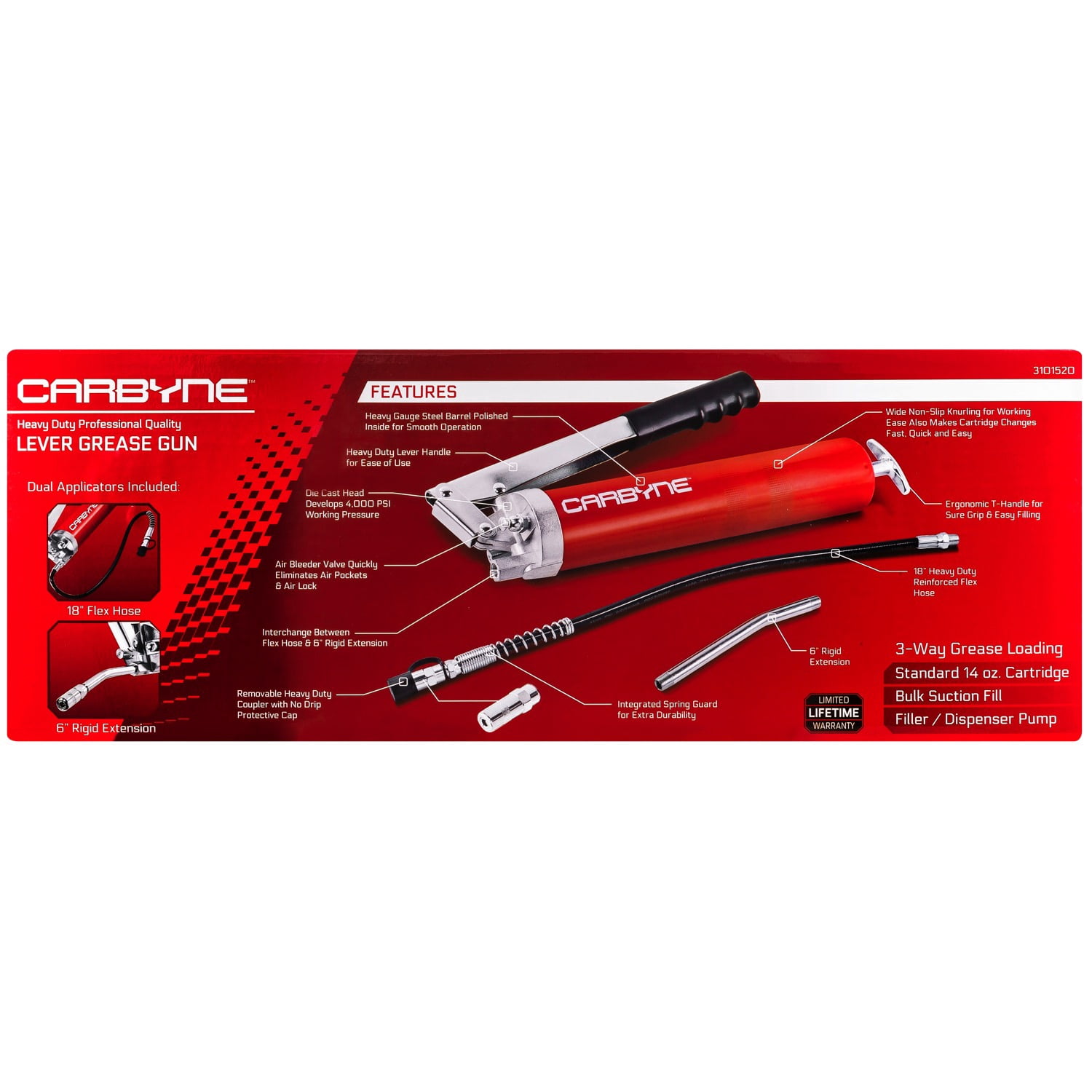 Carbyne Grease Gun, 8000 Psi, Lever Handle, Heavy Duty Steel Barrel, 3-Way Loading, 18 in. Hose, Angled Tube, Needle Nozzle, Coupler