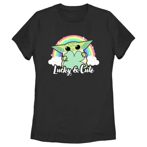 Women's Star Wars: The Mandalorian Grogu St. Patrick's Day Rainbow Lucky and Cute Graphic Tee Black 2X Large