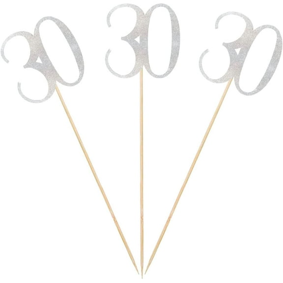 Silver Glitter 30th Birthday Centerpiece Sticks, 12-Pack Number 30 Table Topper Anniversary Party Decorations