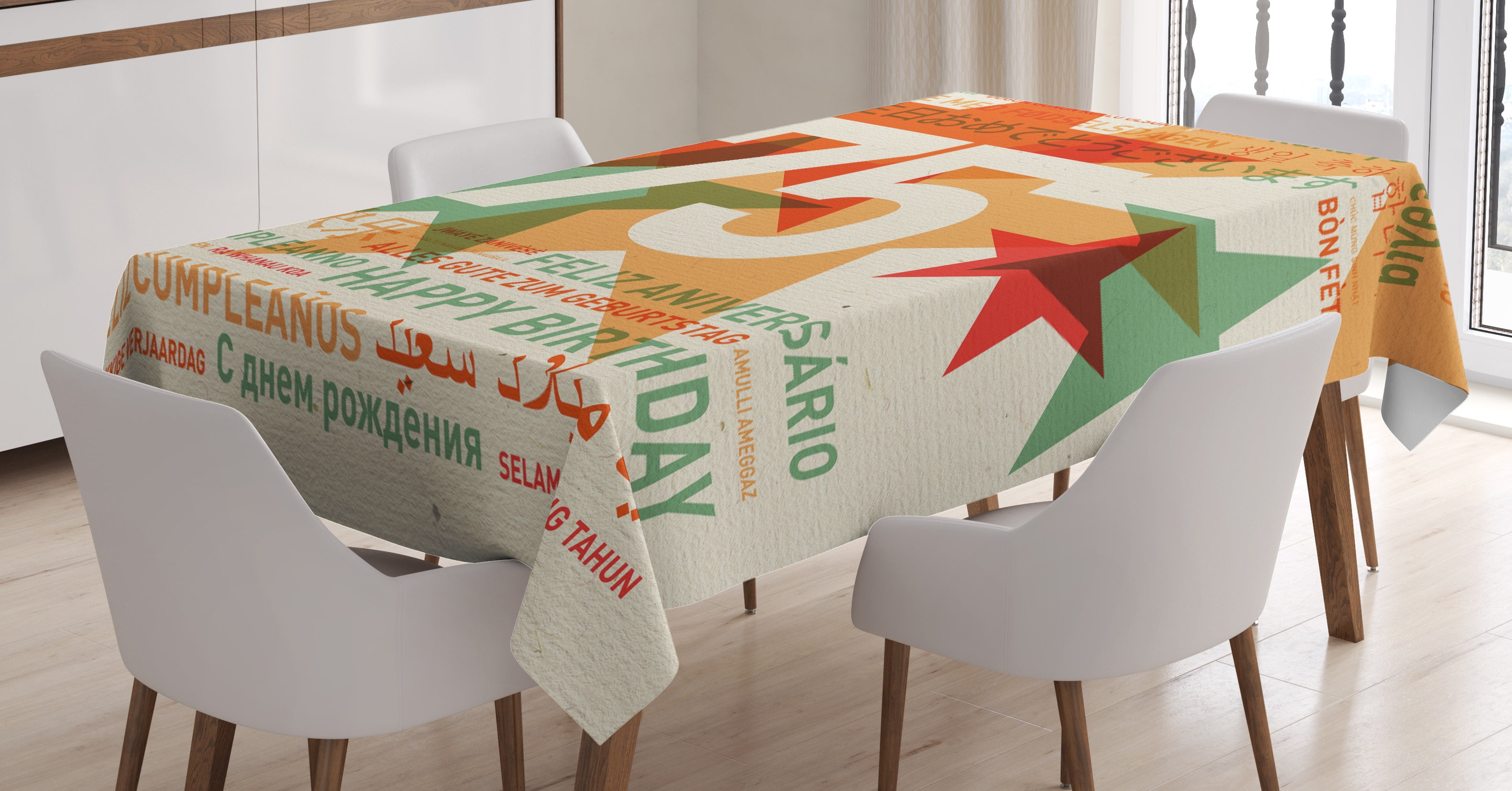 75th Birthday Decorations Tablecloth, Worldwide Greetings in Different