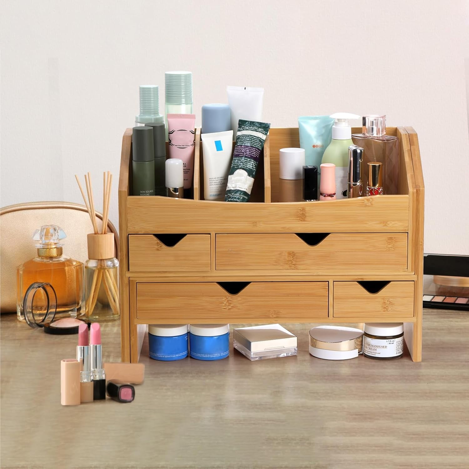 Bamboo Desk Organizer with Adjustable File Holder, Mini Desk Drawer Tabletop Organization Box with 4 Drawers for Makeup, Letter, Pens, Home Office Supplies, Vanity, 3 Layer, Fully Assembled