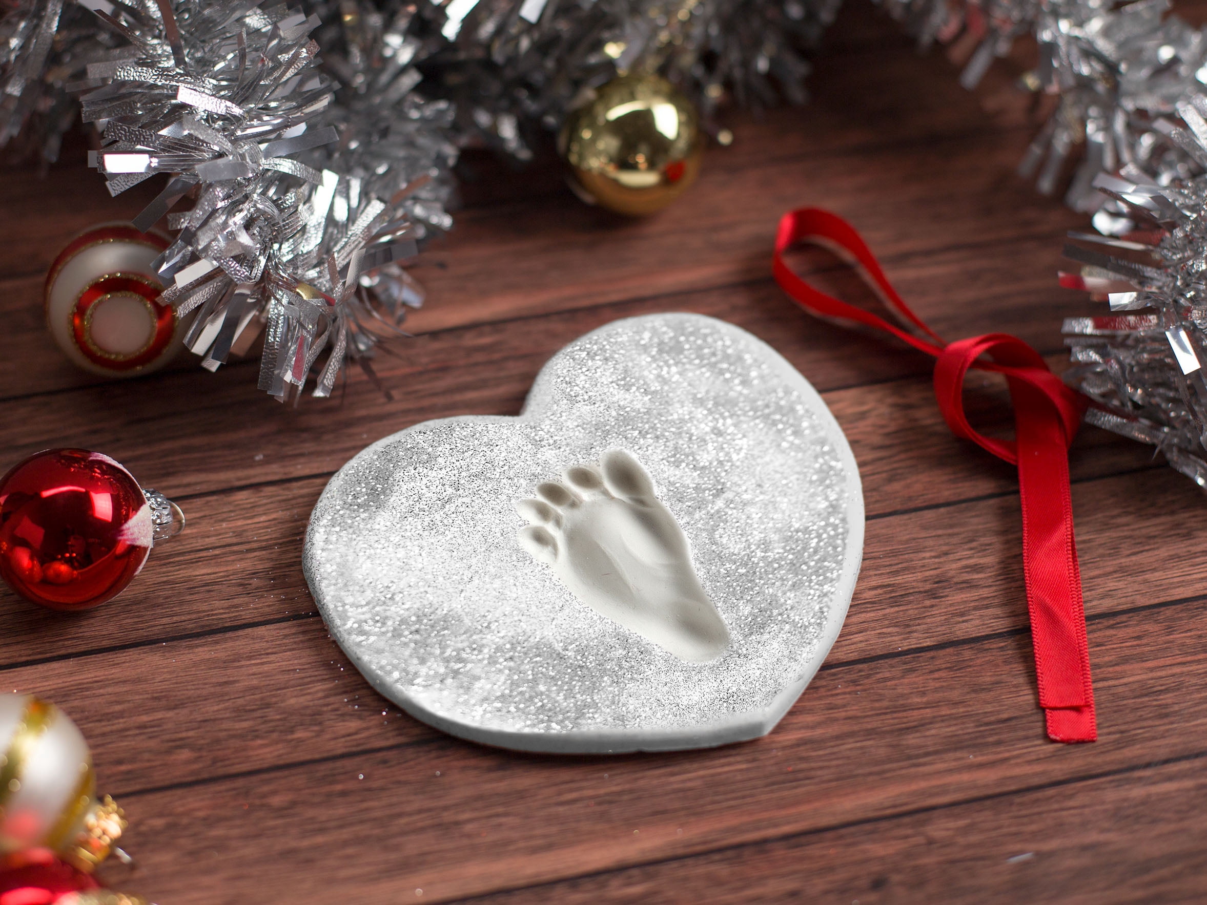 Lil Peach Glitter Handprint Ornament, Heart Silver