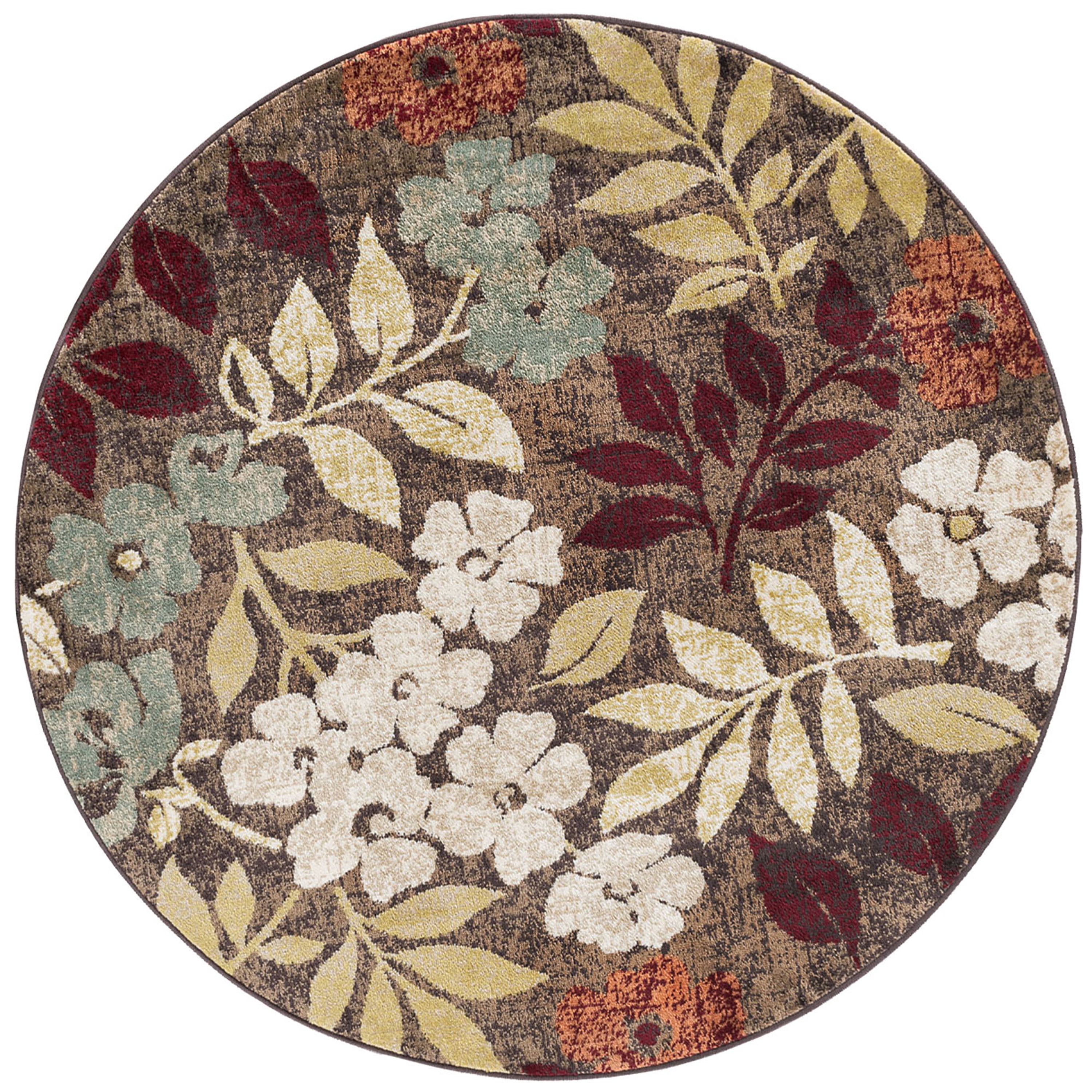 Deco Transitional 5' Round Brown and Red Polypropylene Indoor Area Rug