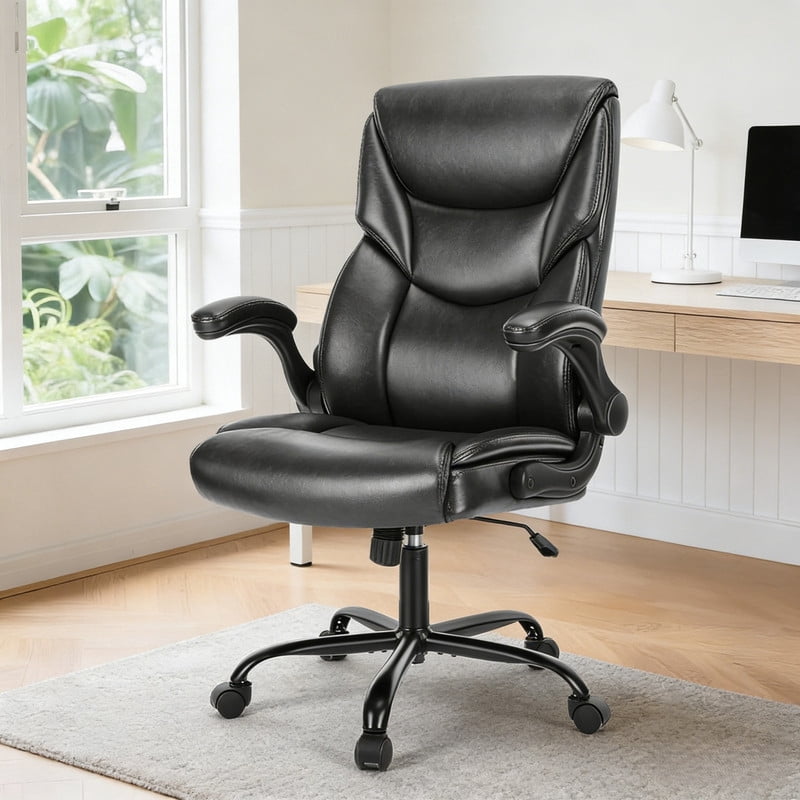 Kelno PU Leather Executive Office Chair with Flip Up Armrest Ergonomic Drafting Chair,Black
