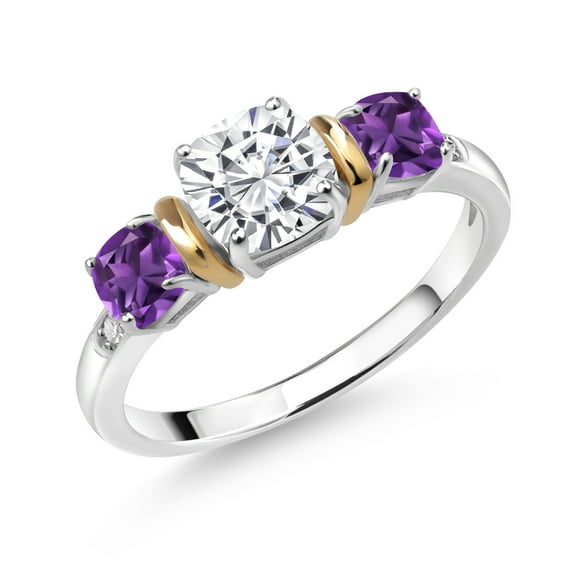 Gem Stone King 925 Silver and 10K Yellow Gold Purple Amethyst Diamond 3-Stone Ring Set with Moissanite (1.70 Cttw) (Size 9)