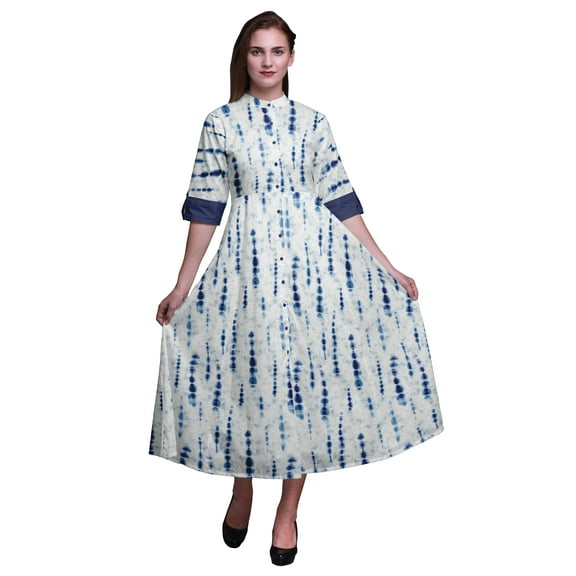 Bimba Shibori Printed Women’s Roll Up Sleeves Dress Mandarin Collar Button Down Shirt-Large