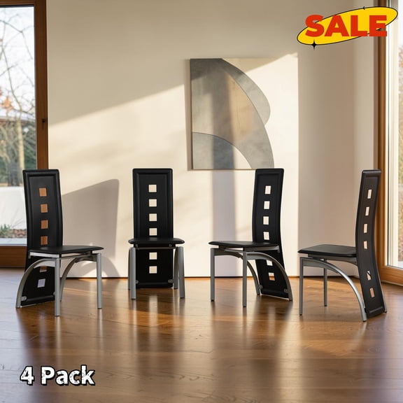Hassch Dining Charis Set of 4, Modern Upholstered Kitchen Chair with PU Leather Padded Seat, Armless Chair with Metal Legs for Living Room, Black