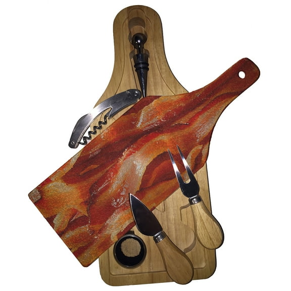 KuzmarK Wine & Cheese Glass Cutting Board Wood Box Gift Set - Bacon Strips
