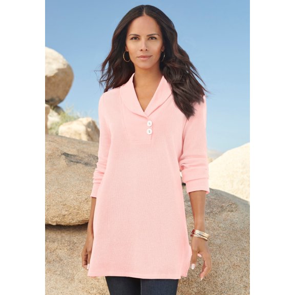 Roaman's Women's Plus Size Knit Thermal Shawl Collar Top – Long Sleeve