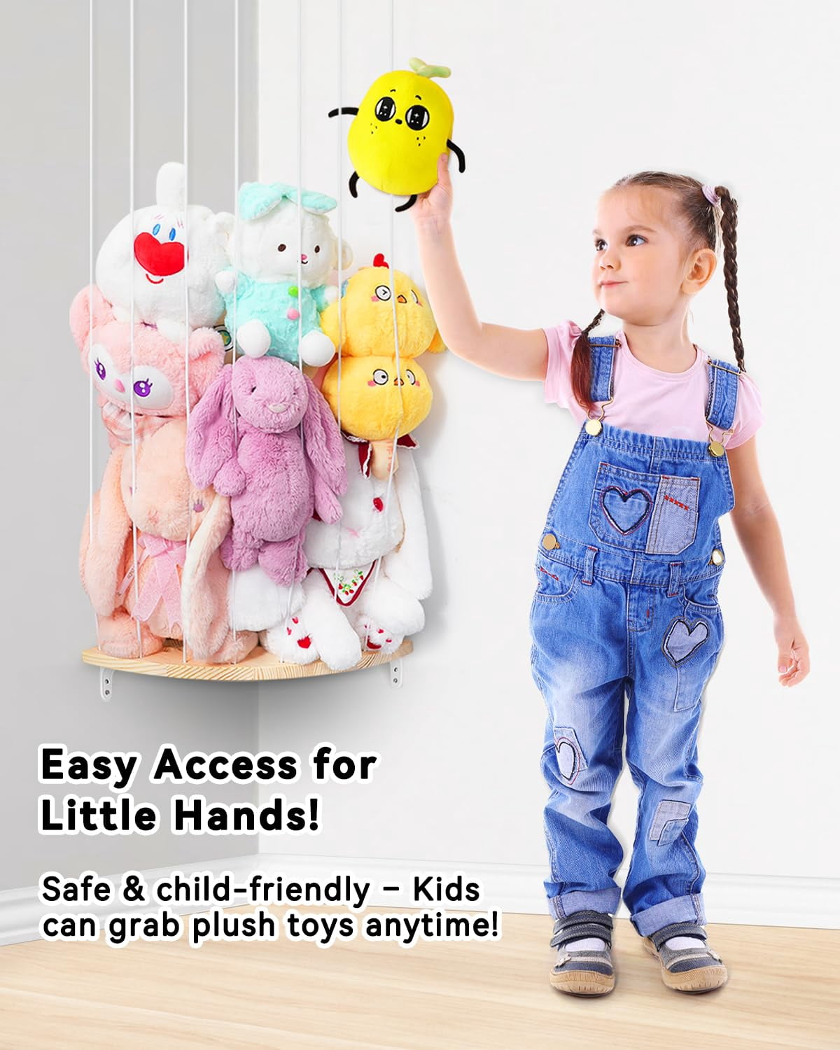 Corner Stuffed Animal Storage Net - Heigh Adjustable Wood Stuffed Animal Organizer - Large Wall Plush Holder Teddy Bear Storage for Bedroom Kids Room Nursery Decor