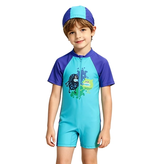 Kids Swimsuit Boy Unisex Toddler One Piece Swimsuit Cartoon Print Crew Neck Short Sleeve Upf Sun Warm Comfortable with Swim Cap Blue 9 Years-10 Years