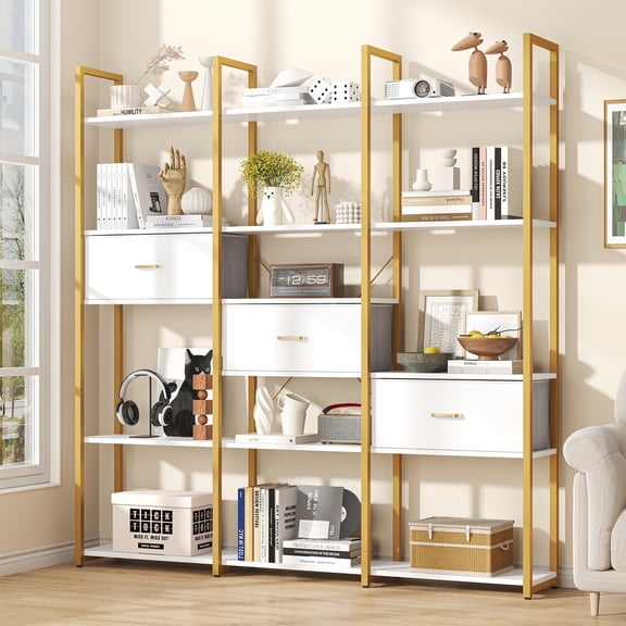 Semoic Triple Wide 6 Tiers Industrial Book Shelf with 3 Drawers and Storage Shelves, 73.6" Tall Bookcase with 16 Open Display Shelves, Large Etagere Bookshelf with Metal Frame for Home & Office, Gold