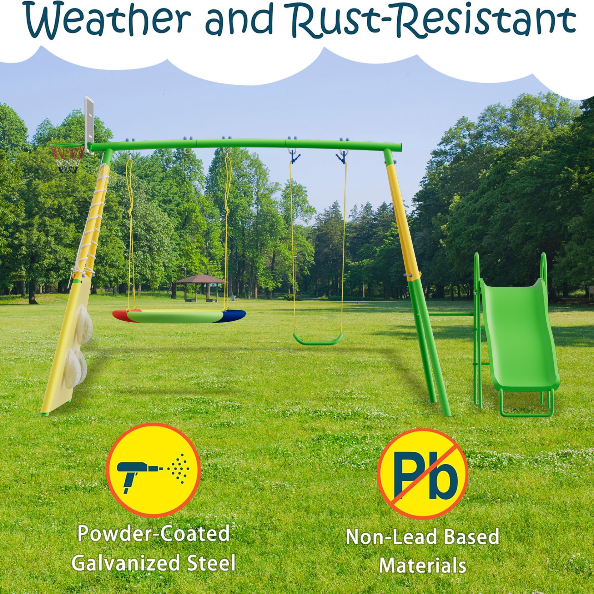 Shengchao Trade Metal Kids Swing Sets with Heavy Duty Outdoor A-Frame, 2 Swings