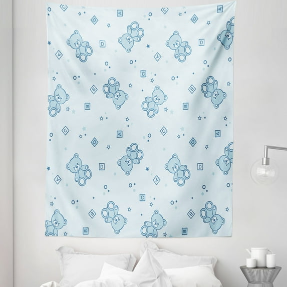 Cartoon Tapestry, Teddy Bears and Toys with Letters on Imagery Blue Background, Fabric Wall Hanging Decor for Bedroom Living Room Dorm, 5 Sizes, Pale Blue Aqua, by Ambesonne