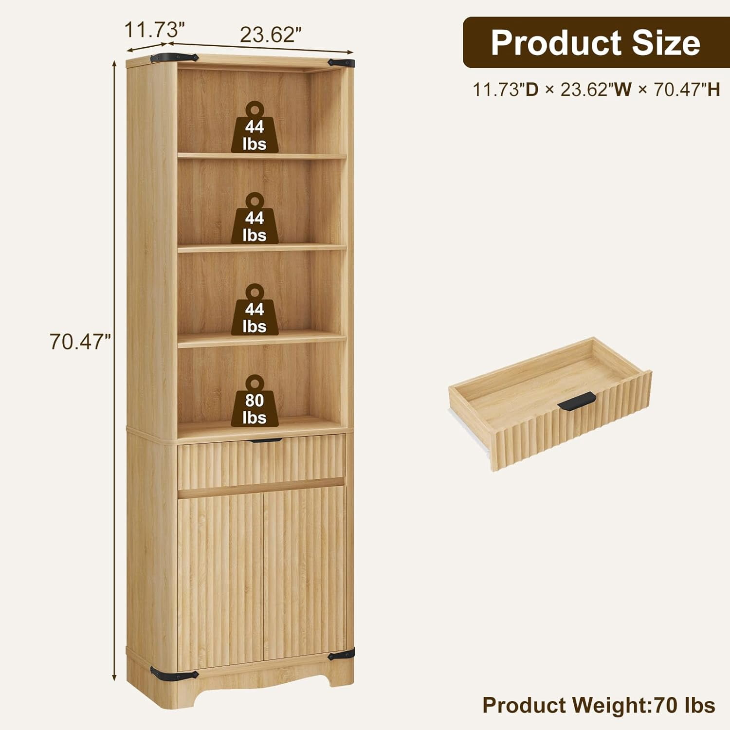 Vabches 70'' Tall Bookcase with 2 Doors and Drawer, Fluted Narrow Storage Cabinet with Metal Handle and Round Edge 6, Oak Shelves