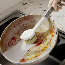 Long Handle Pot and Pan Scrubber with Built-in Scraper | Heavy-Duty Kitchen Brush for Sinks & Non-Stick Cookware | Hangable Design for Easy Storage | White Plastic Dishwashing Brush