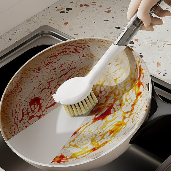 Long Handle Pot and Pan Scrubber with Built-in Scraper | Heavy-Duty Kitchen Brush for Sinks & Non-Stick Cookware | Hangable Design for Easy Storage | White Plastic Dishwashing Brush