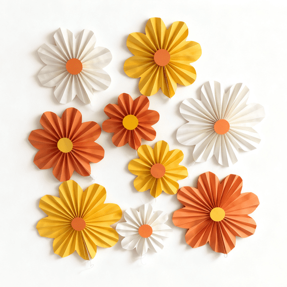 9PCS/SET Orange Yellow Ivory Paper Fans Party Decorations Paper Flowers Decorations for Wall Floral Backdrop Classroom Shower Birthday Party Flower Wall Birthday Decorations Hanging Paper Flo