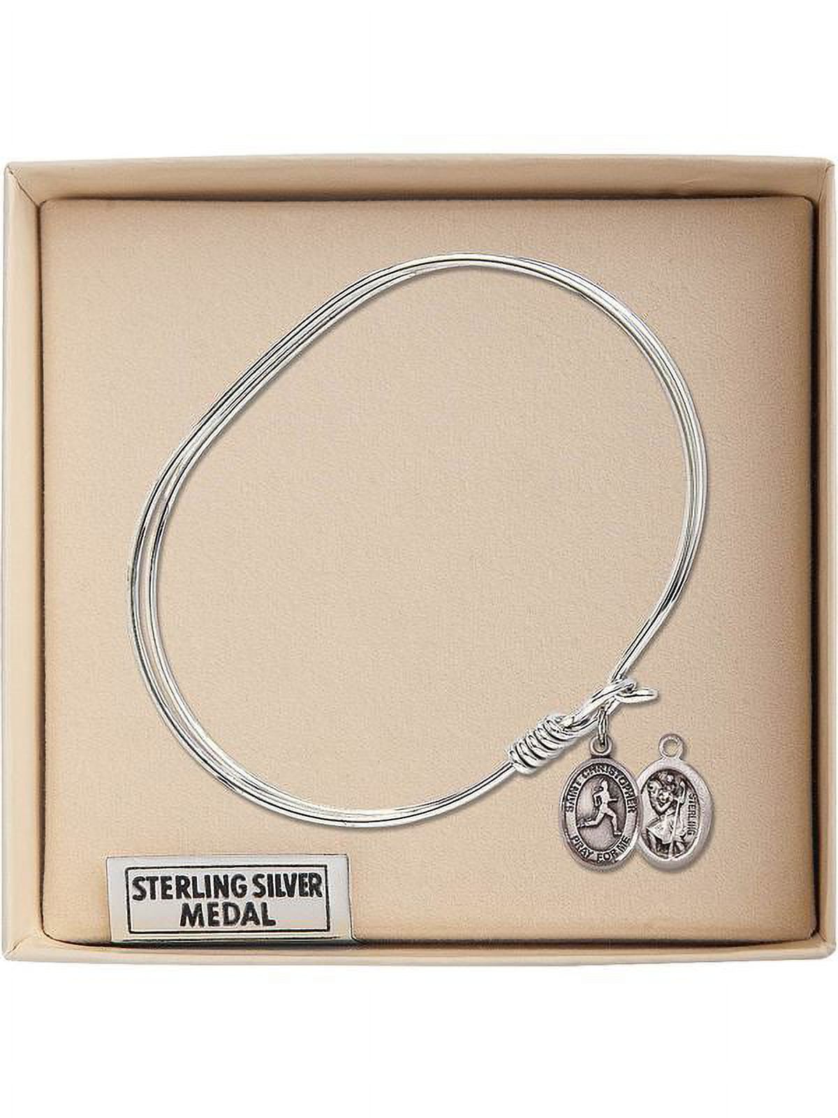 7 inch Oval Eye Hook Bangle Bracelet w/ St. Christopher/Track & Field in Sterling Silver
