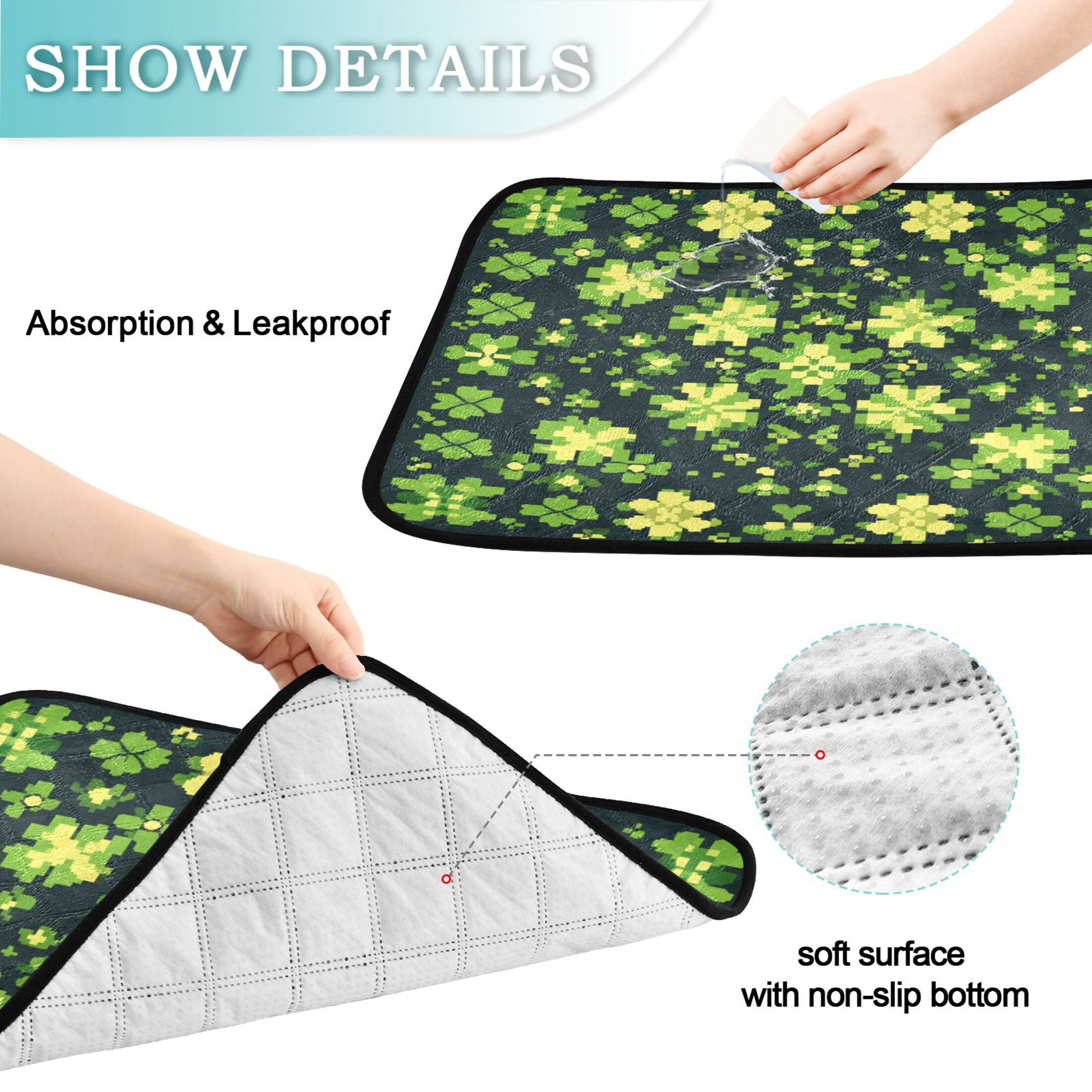 Qxltty St Patricks Vintage Clover Cat litter Pads Pet Set of 2 Diaper Mats Center Anti-leakage Layer Absorbent Soft and Comfortable