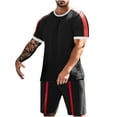 thumbnail image 3 of BADHUB Men's 2 Piece Outfits Short Sleeve Color Block Crewneck Summer T Shirt and Casual Loose Track Shorts Set Black XL, 3 of 7