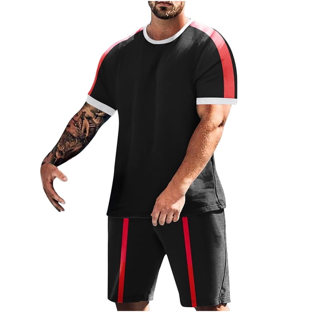 Conjunto de Manga Corta Y Pantalones Cortos de 2 Piezas, Juego de Jogger Casual de Color Sólido para Hombres